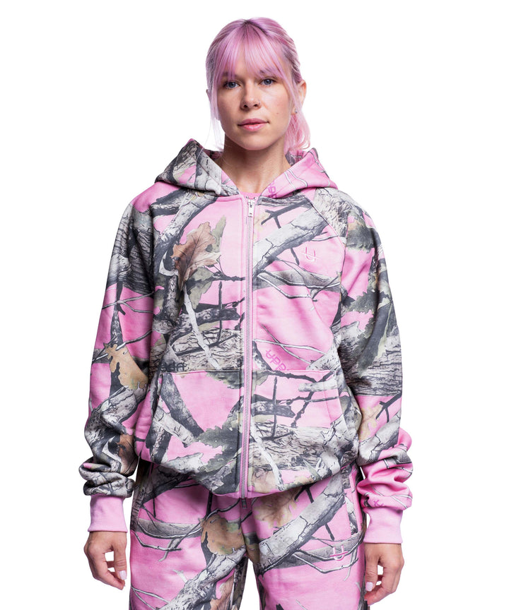 Hoodie à Double Fermeture Éclair Rose Camouflage