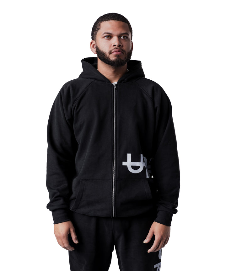 Hoodie à Double Fermeture Éclair Logo Latéral Noir Délavé