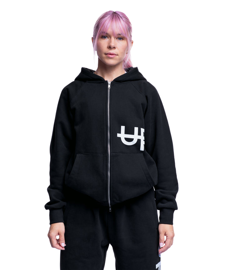Hoodie à Double Fermeture Éclair Logo Latéral Noir Délavé